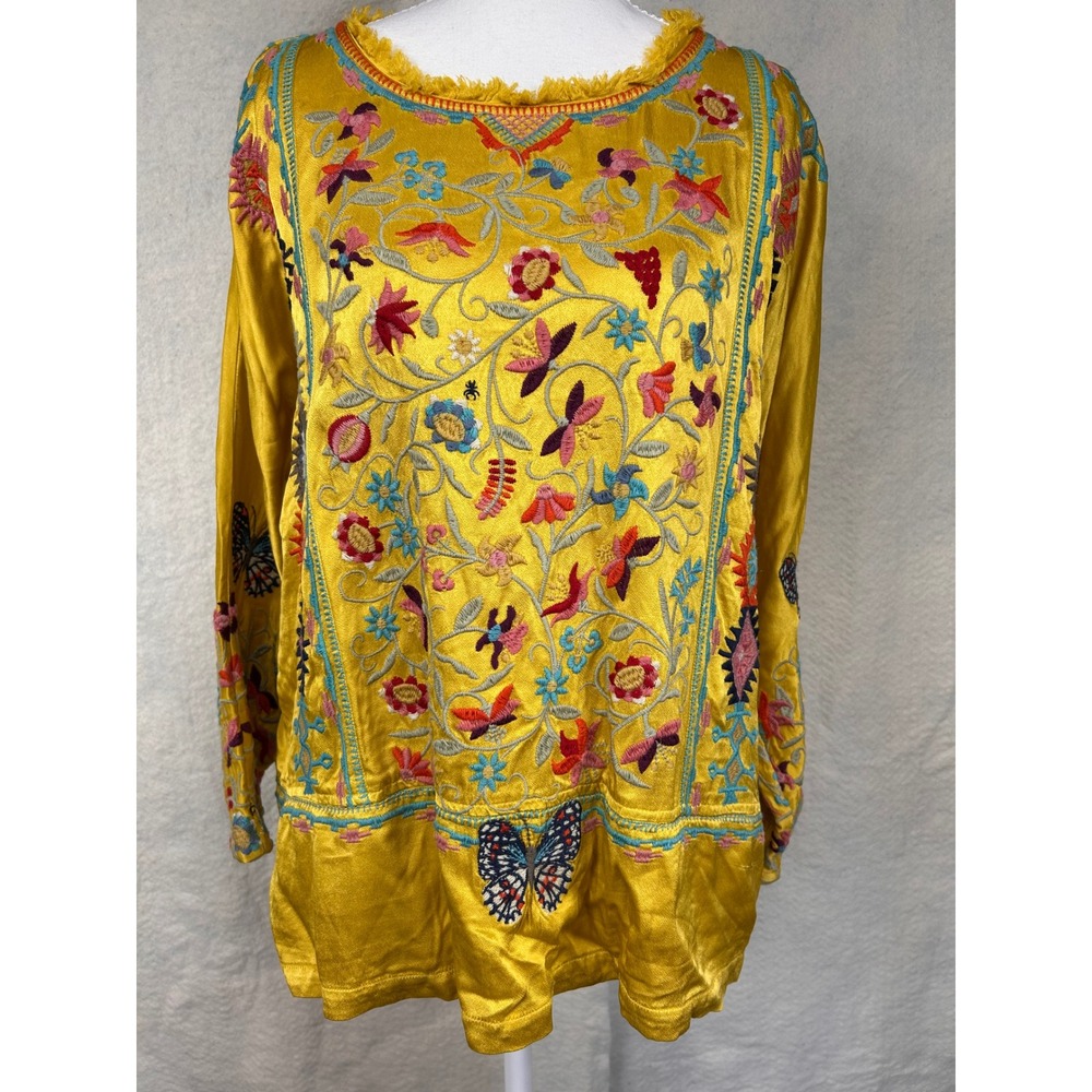 Johnny Was Bogota Mustard Yellow Embroidered Silk Tunic Top Butterfly Floral Sm
